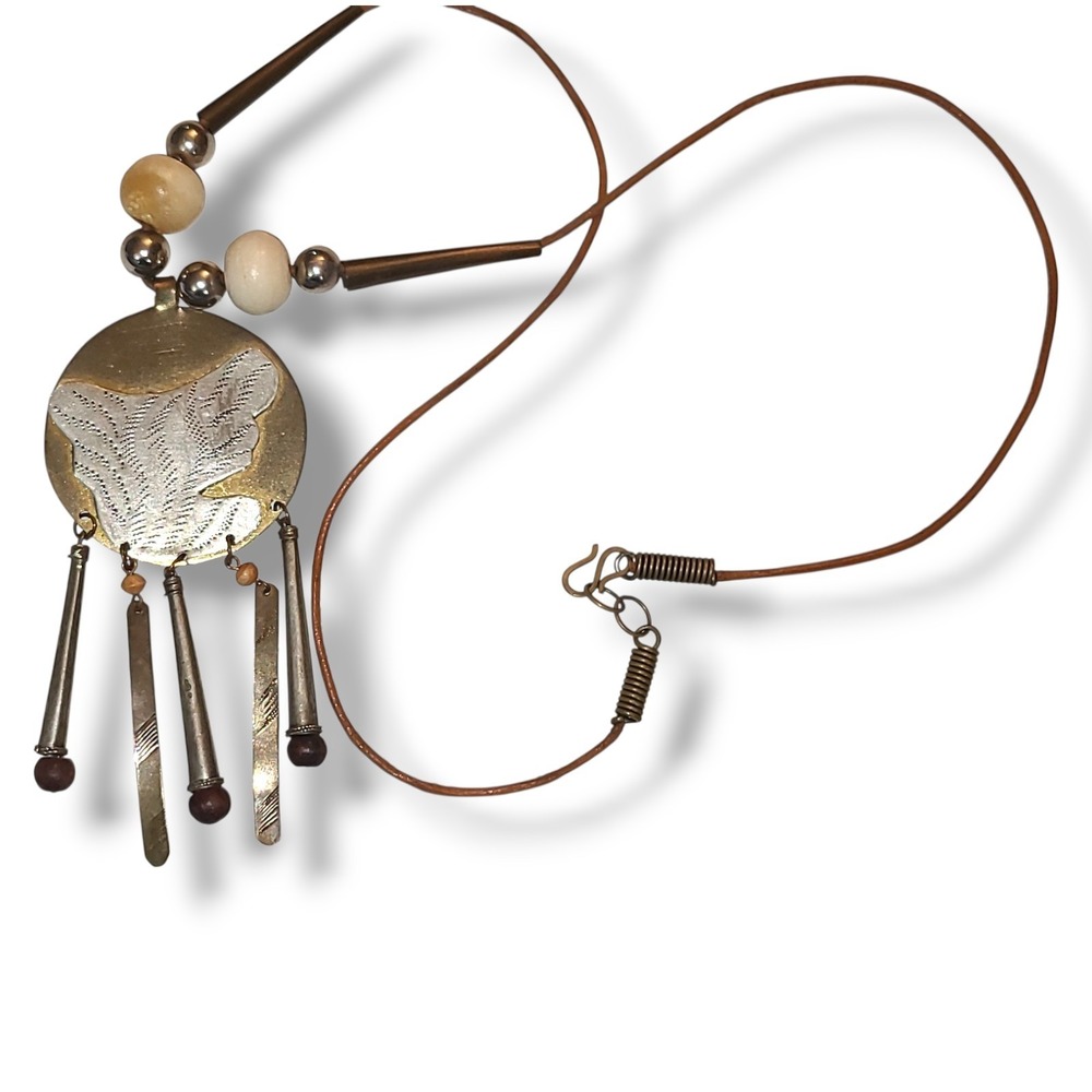 Vintage Artisan Modernist Pendant Necklace Leather Cord Brass Wood Beads